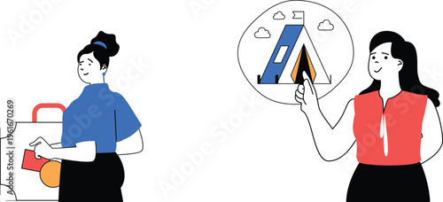 Two women discussing travel plans and digital map usage for their upcoming adventure together