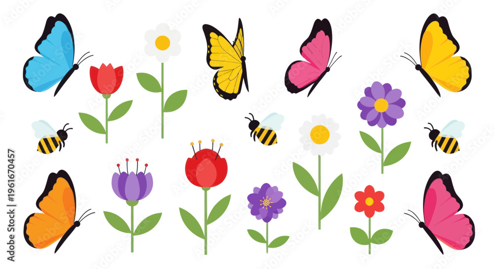 Obraz premium Colorful Butterflies and Bees with Spring Flowers Collection