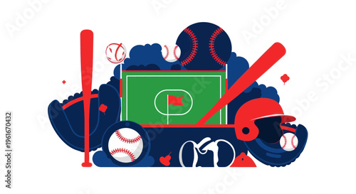 Baseball Field and Gear Illustration: Bat, Glove, Ball, Helmet