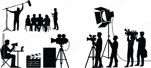 Flat vector silhouette illustration, film production crew camera director sound lighting
