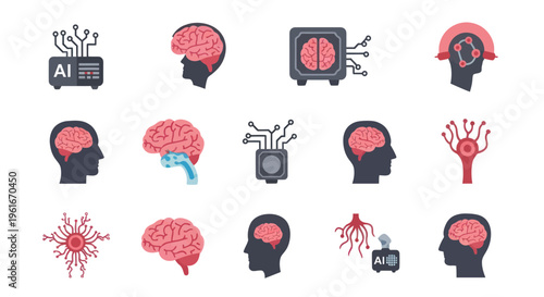 AI Brain Icons: Artificial Intelligence, Neural Network, Machine Learning, Human Mind
