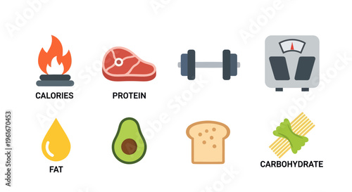Healthy lifestyle icons: calories, protein, fat, carbs, avocado, bread, pasta, dumbbell, scale