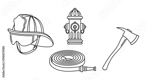 Firefighter Equipment Icons: Helmet, Hydrant, Hose, Axe - Line Art