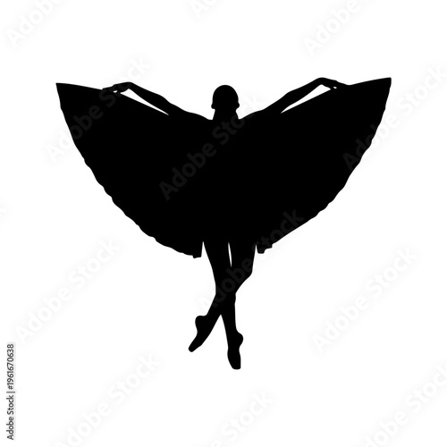 Silhouette of a ballet dancer in a flowing dress.