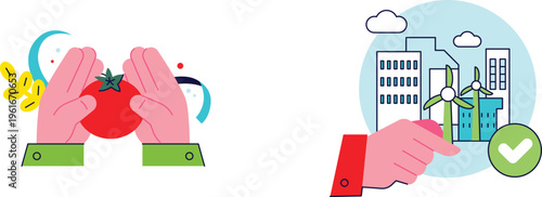 Hands clapping with tomato symbolizing sustainable food and energy collaboration for a greener future together