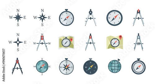Navigation Icons: Compass, Map, Globe, and Divider Set
