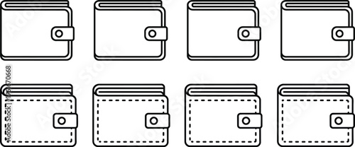 A collection of eight simple black and white line art icons depicting various folding wallets