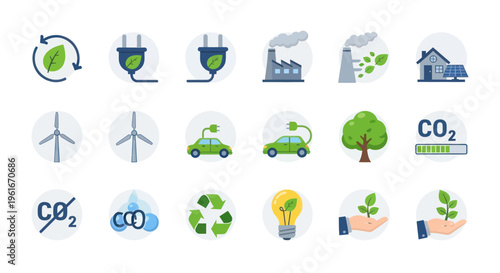 Eco Friendly Icons: Renewable Energy, Sustainability, Green Technology, Nature