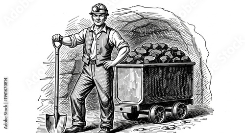 Vintage Coal Miner with Cart Illustration.
