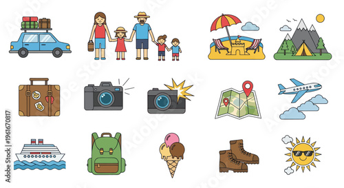Family Vacation Travel Icons: Car, Luggage, Beach, Mountains, Camera, Map, Plane, Cruise Ship, Backpack