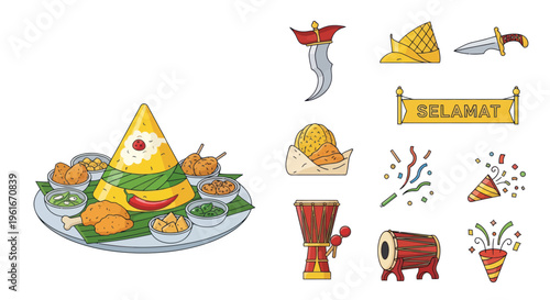 Nasi Tumpeng and Indonesian Cultural Icons Vector Illustration