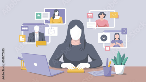 A woman works on her laptop with multiple video call windows open around her.