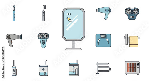 Bathroom Gadgets and Hygiene Icons Set: Toothbrush, Hair Dryer, Mirror, Scale, Towel