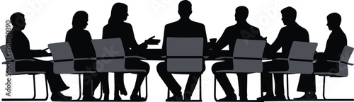 Corporate boardroom meeting flat vector illustration with business discussion silhouettes
