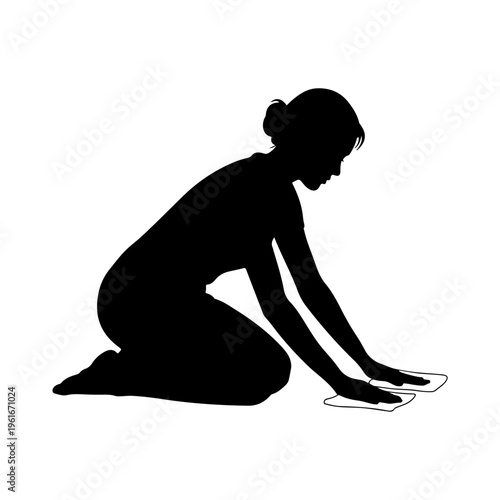 Silhouette of a woman cleaning the floor on her knees with cloths.