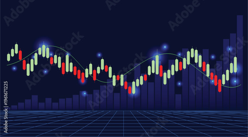 Elegant background featuring red and green Japanese candlestick charts for stock market trading and investment; bullish outlook; investment and trading analysis. Stocks, Forex. Crypto buying, selling