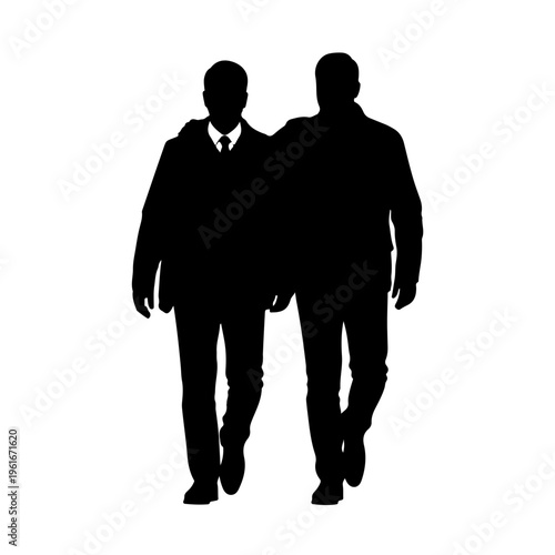 Silhouette of two men walking together, one with arm around the other.