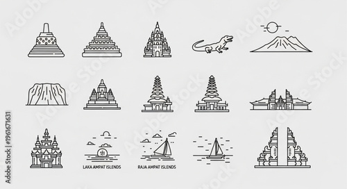 Collection of Hand-Drawn Architectural Landmarks and Cultural Symbols.