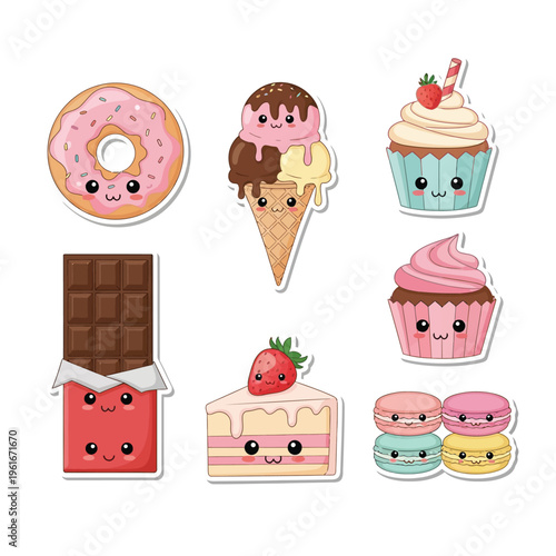 Adorable collection of colorful kawaii dessert stickers featuring smiling donuts, ice cream, cupcakes, chocolate, cake, and macarons.