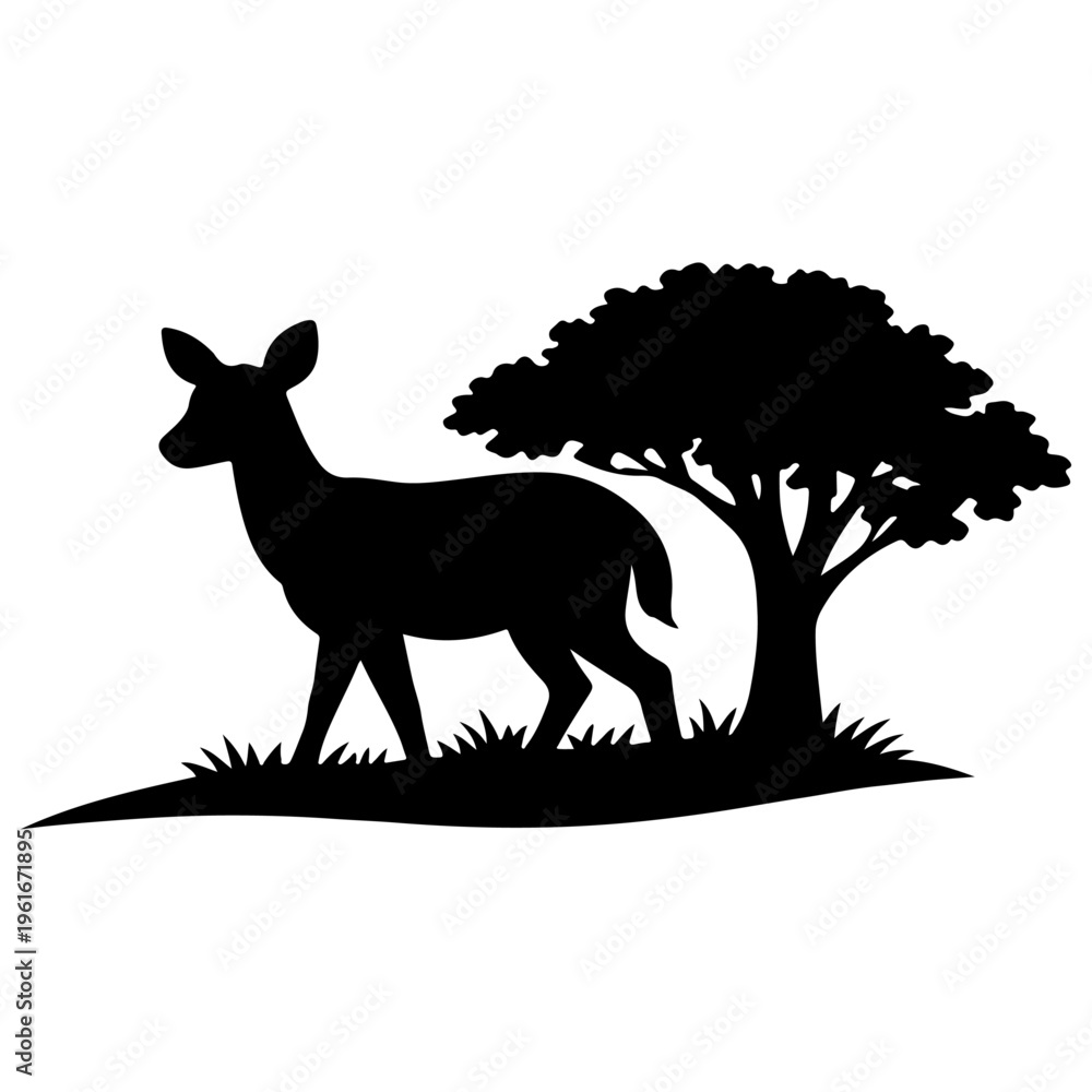 Fototapeta premium Silhouette of a deer standing next to a tree in a grassy field during the day