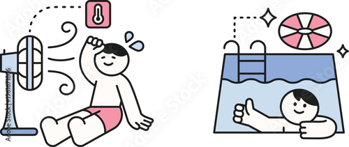 Children enjoying summer fun with a fan and poolside relaxation under the sun’s warmth