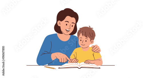 Supportive mother teaching her young son to read, fostering early childhood education and creating a loving bond through shared learning experiences at home
