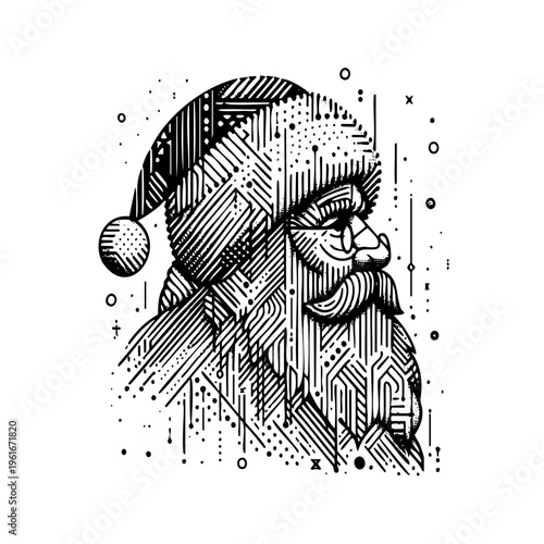 Black and white drawing of Santa Claus. He is wearing a hat and glasses. The drawing is very detailed and has a lot of lines