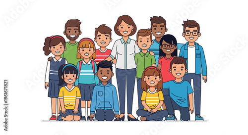 A diverse group of smiling children and adults standing together, representing community and education