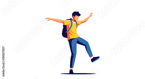 Energetic young traveler with a backpack balancing on one leg, embodying the spirit of adventure and discovery, ready for a journey or exploration