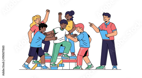 Diverse group of children engaged in active play and guided by a coach, illustrating concepts of teamwork, friendly competition, and problem-solving in a dynamic educational setting