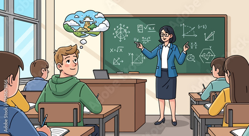Young student in a classroom drifts into a peaceful daydream of a scenic natural landscape, imagining an outdoor escape during a complex mathematics lesson