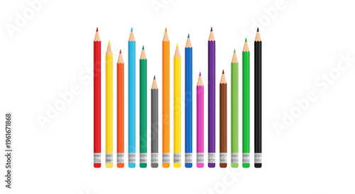 A vibrant collection of multicolored pencils neatly arranged in a row against a clean white background, perfect for art and design projects