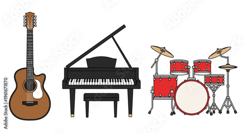 Collection of musical instruments including acoustic guitar, grand piano, and a drum set, all depicted in a simple, flat illustration style