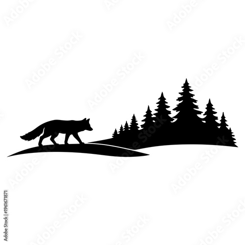 Modern digital art silhouette featuring a graceful fox traversing a serene pine forest, capturing the essence of wilderness with a minimalist graphic design
