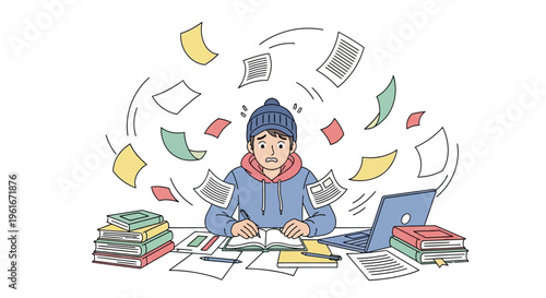 Stressed person at a desk surrounded by a chaotic flurry of flying papers and books, symbolizing the overwhelming pressure of deadlines, study, and information overload