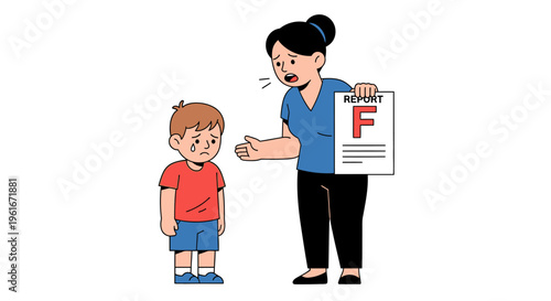 Distraught Mother Scolds Crying Son Over Failing 'F' Grade on School Report Card, Depicting Academic Struggle and Parental Disappointment
