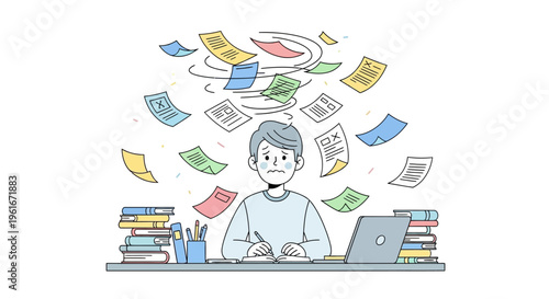 An overwhelmed individual struggling under a mountain of paperwork and tight deadlines, experiencing high stress and anxiety from an immense workload at their desk