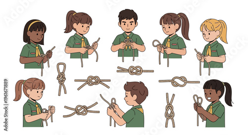 Scout children learning various knots and their applications in outdoor activities and survival skills