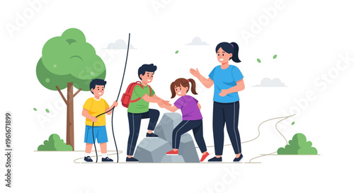 An inspiring illustration of children collaborating and an adult providing assistance as they overcome obstacles on rocks during a joyful outdoor adventure
