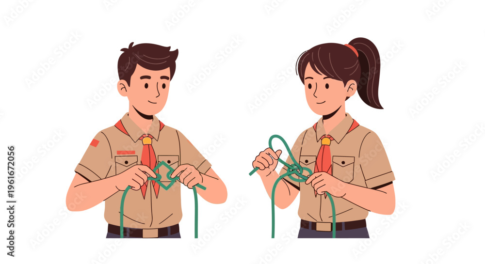 Fototapeta premium Two young scouts learning to tie knots in their uniforms and scarves, demonstrating teamwork and outdoor skills for adventure