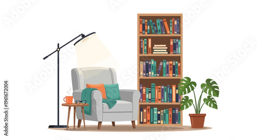 Cozy reading corner illustration with armchair, bookshelf, and illuminated lamp, perfect for relaxation and study in a modern home interior