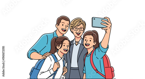 Family taking a selfie with their smartphone on a white background, capturing a joyful moment together