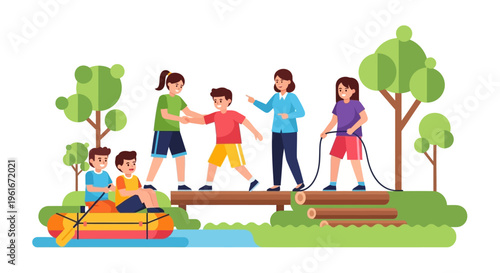 Vibrant illustration of a diverse group of children and adults engaging in exciting outdoor teamwork and adventure activities, fostering collaboration and fun
