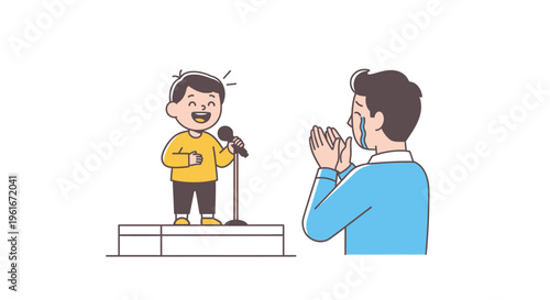 A heartwarming moment as a proud father watches his young son confidently perform on stage, celebrating a milestone in his child's journey