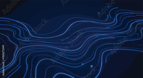 Abstract flowing luminous lines on a dark blue background depicting a dynamic data stream for technology and science visuals