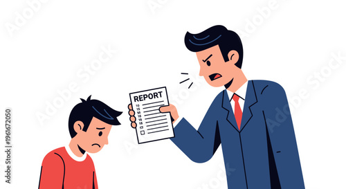 Angry businessman yelling at a sad child holding a report, illustrating reprimand, criticism, and negative feedback in a work or school environment