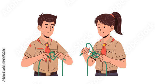 Two young scouts learning to tie knots in their uniforms and scarves, demonstrating teamwork and outdoor skills for adventure