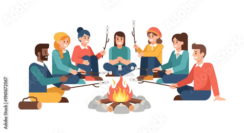 Diverse friends gather around a cozy campfire, happily roasting marshmallows, creating lasting memories of togetherness and outdoor fun in a vibrant social setting