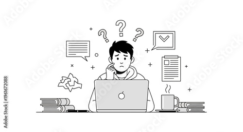 Young adult grappling with complex work challenges and creative block, surrounded by symbols of tasks and problem-solving, illustrating the stress of decision-making and idea generation at a busy desk