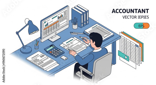 Accountant at Work - Isometric View of Financial Professional Analyzing Documents.